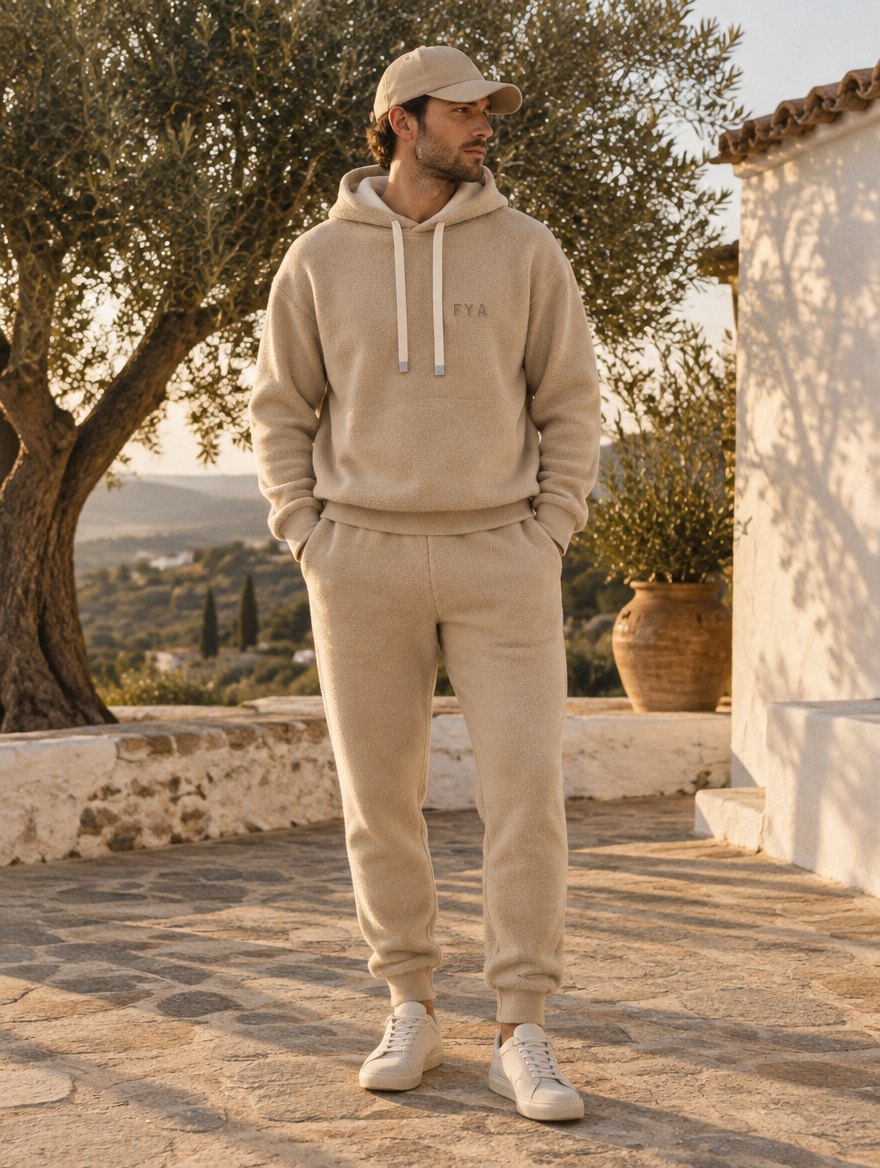 Man in de complete FYA set: hoodie, joggingbroek en pet in zand